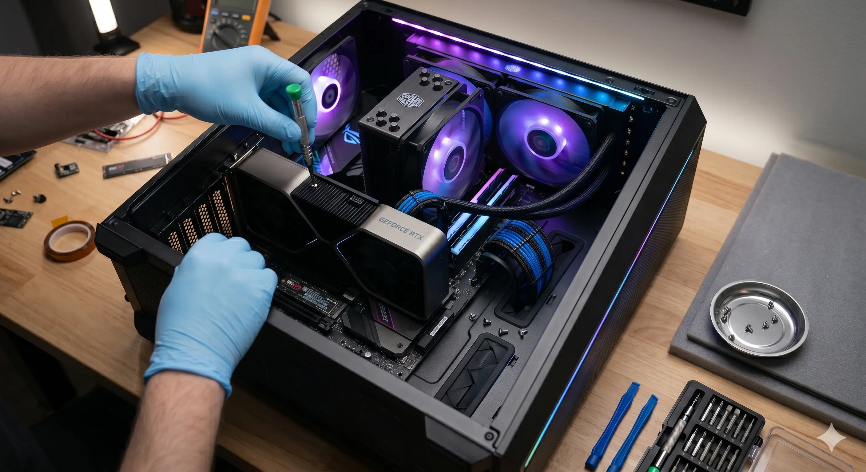מארז מחשב נייח פתוח עם תאורת RGB חזקה ומערכת קירור מים